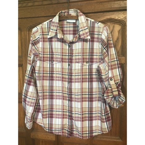Alfred Dunner Women's Red Plaid Blouse Long Sleeve Button-Up Blend Top‎ Size 10 - Picture 1 of 9